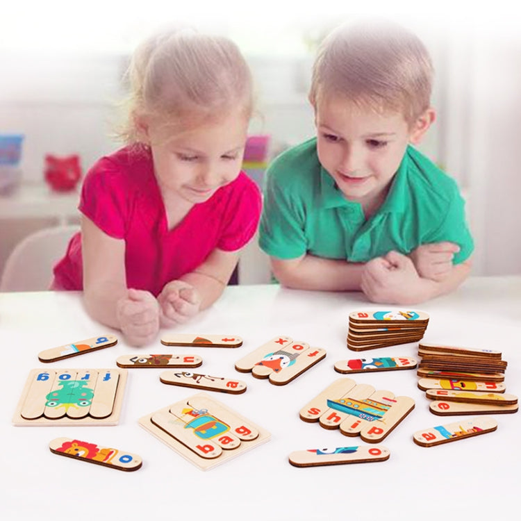 Children playing with wooden ice cream stick spelling puzzle cards at a table