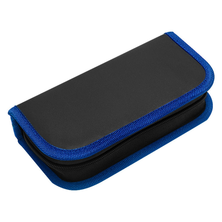 Black and blue zippered watch tool case with curved top and blue trim