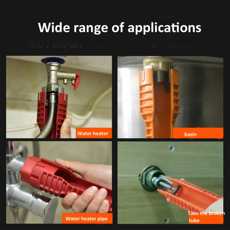 Multifunctional plumbing wrench tool being used on a faucet and pipe connection