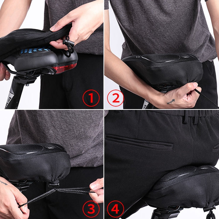 Black gel bike saddle cushion cover, thick padded silicone strap-style fit.