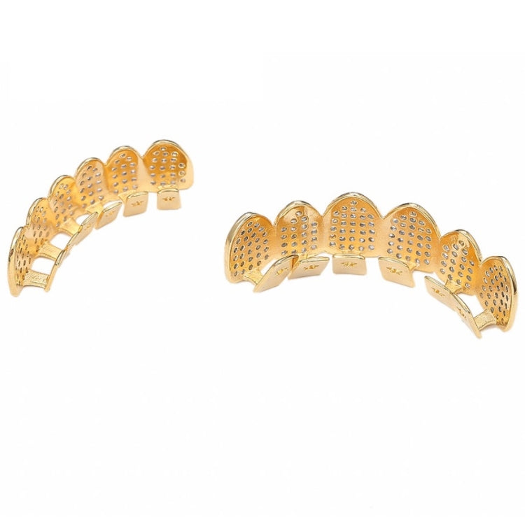 Gold zircon hip-hop tooth braces with curved clips, micro-inlaid pattern