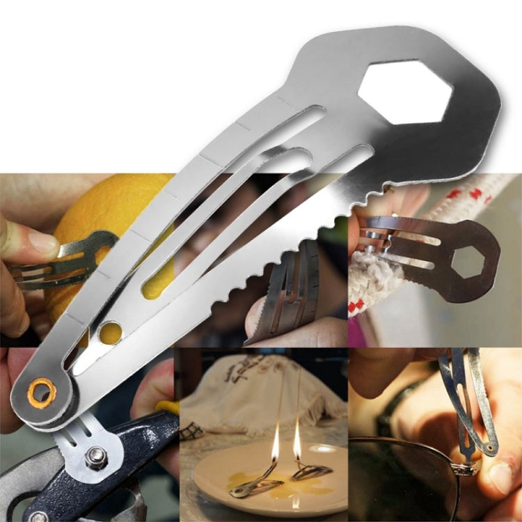 Silver multi-tool hair clip shown in use with tool tips on closeups