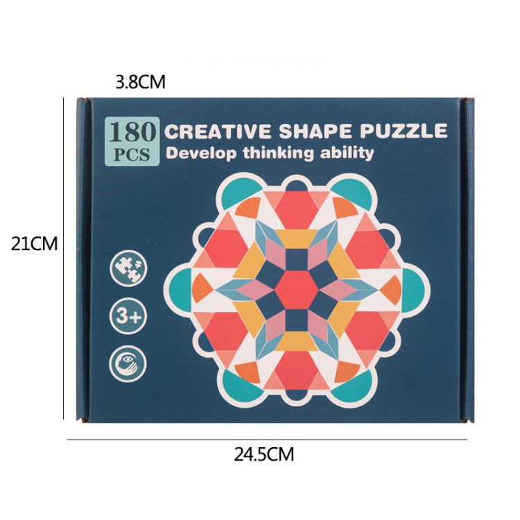 180-piece creative wooden shape puzzle box with colorful geometric animal pattern