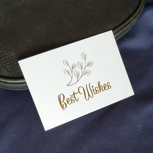 White wedding blessing card with gold “Best Wishes” lettering and tree branch sprig