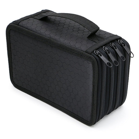 Black four-layer square pencil case with textured exterior and top handle