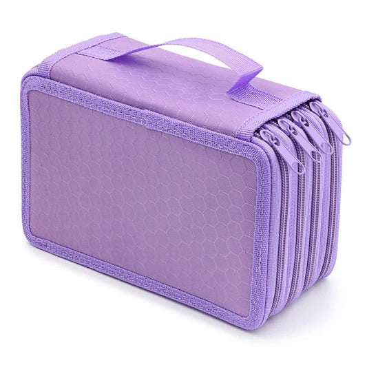 Purple four-layer square pencil case with textured fabric and multiple zipper tracks