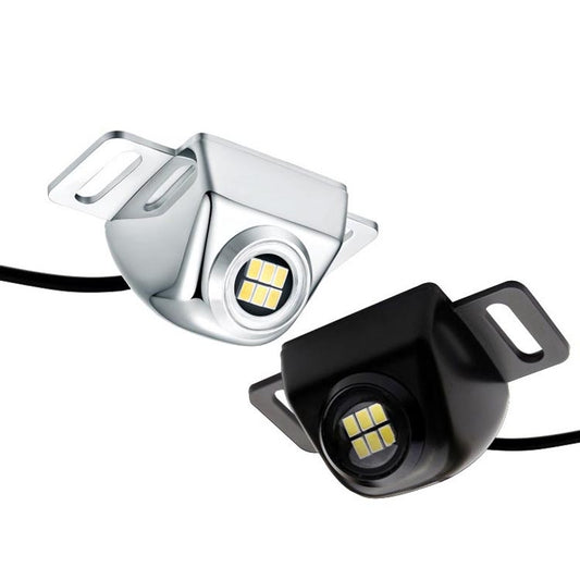 Pair of LED reversing auxiliary lights, one black and one silver, with mounting brackets