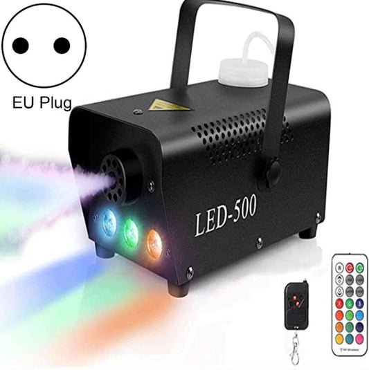 Multicolor LED fog machine with black housing and wireless remote control