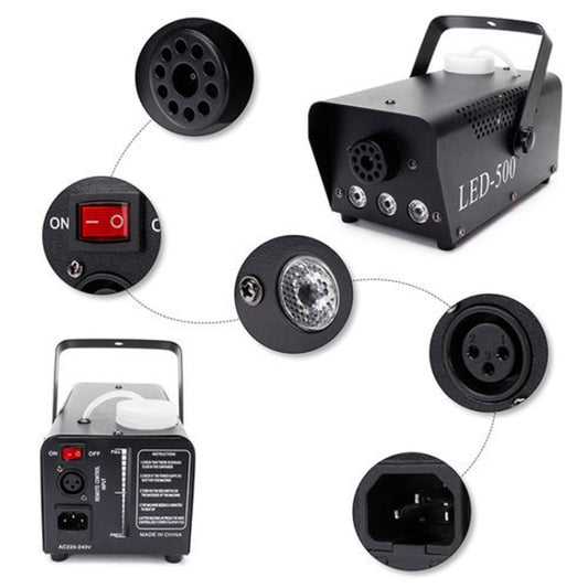 LED-500 fog machine with close-up views of ports, switches, and lamp outlets