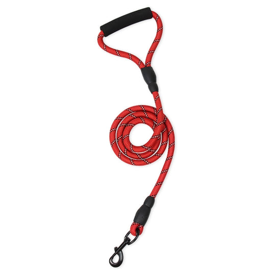 Red reflective dog leash with black handle and metal snap hook