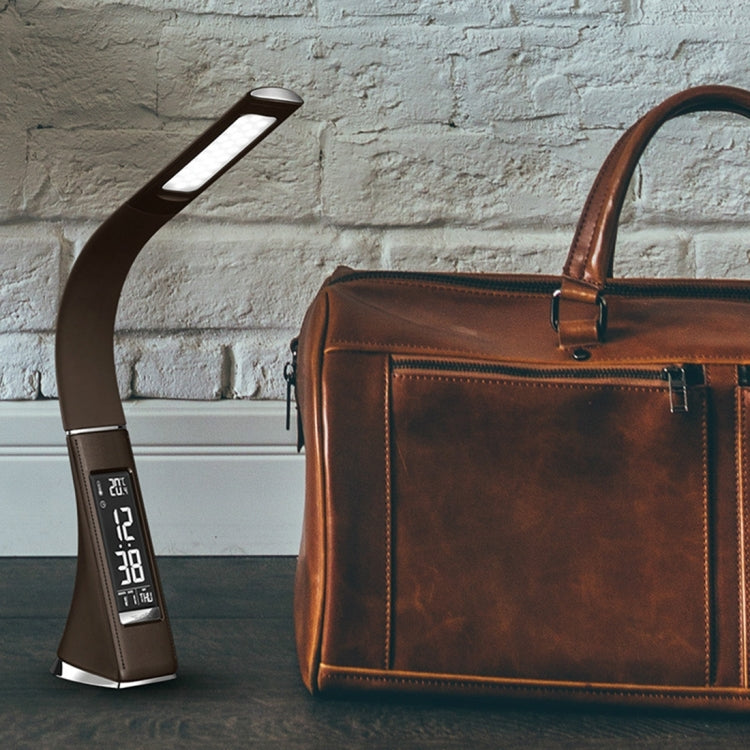 U2 5W 3-Level Dimmable LED Leather Texture Desk Lamp With Temperature/Clock/Calendar Display, Black