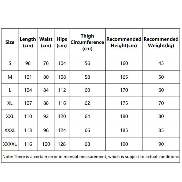 Size chart for protective motorcycle riding hip pants: lengths, waist, hips, and weight
