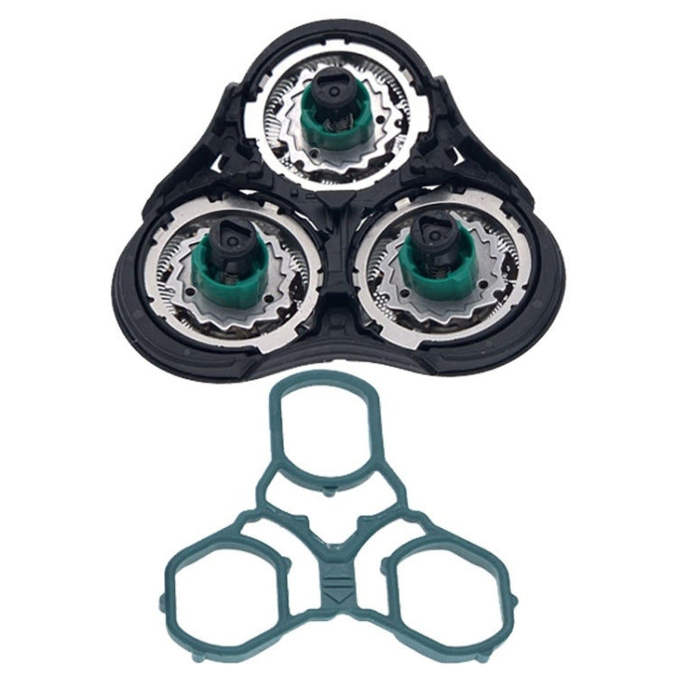 RQ11 razor head with three foil cutters and teal fixed snap ring
