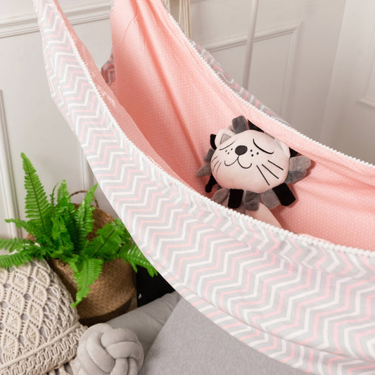 Children hanging hammock swing, pink with zigzag border and pom-pom trim, for kids