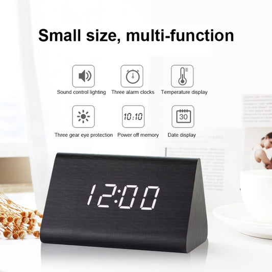 Triangular wooden LED alarm clock with red time display, black wood body