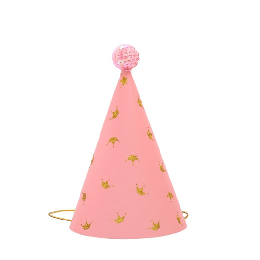 Pink party cone hat with pom-pom top and gold star-shaped pattern