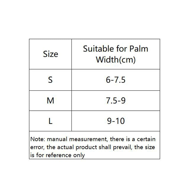 Size chart for sports palm guards showing S, M, L palm width ranges in cm