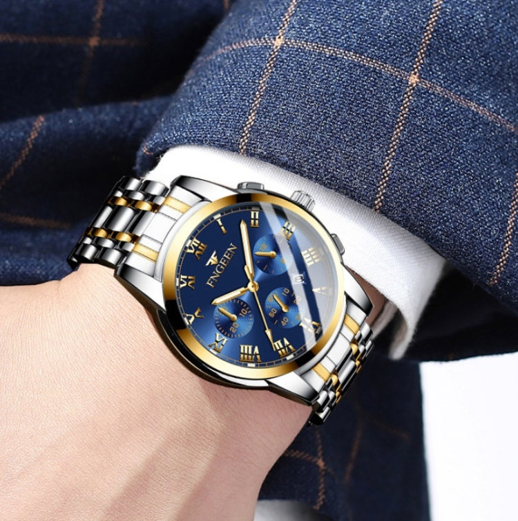 Men's mechanical watch with blue dial, gold-and-black bezel, two-tone metal bracelet
