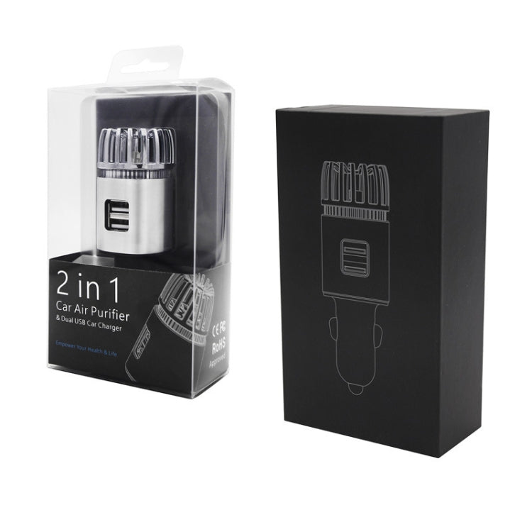 Car air purifier 2-in-1 dual USB retail box with purifier accessory