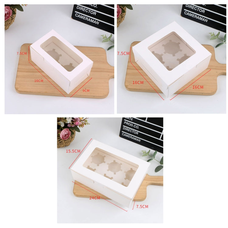 White window cupcake packaging box with inner support, shown with size measurements