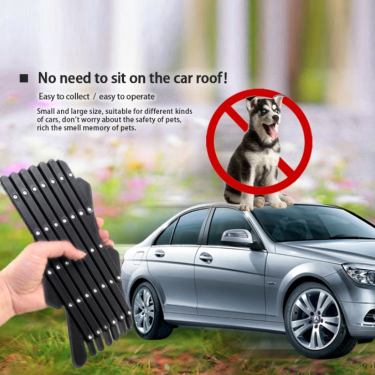Black pet car window protective fence held near a sedan window for use