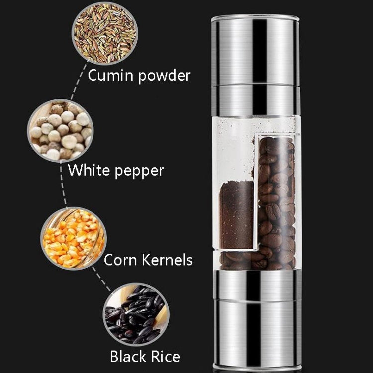 Double-head pepper mill beside sample spices in clear chambers.