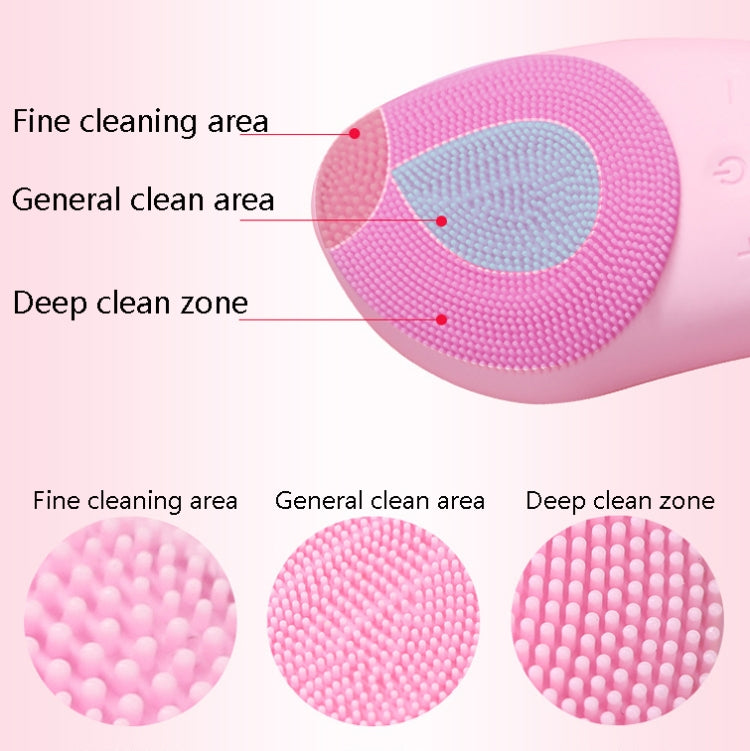 Pink ultrasonic vibration facial cleansing brush head with fine, general, deep zones.