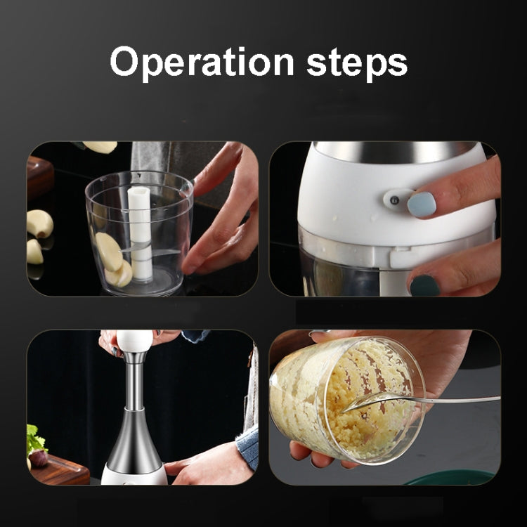 Stainless steel vegetable cutter operation sequence with cup, plunger, and minced results