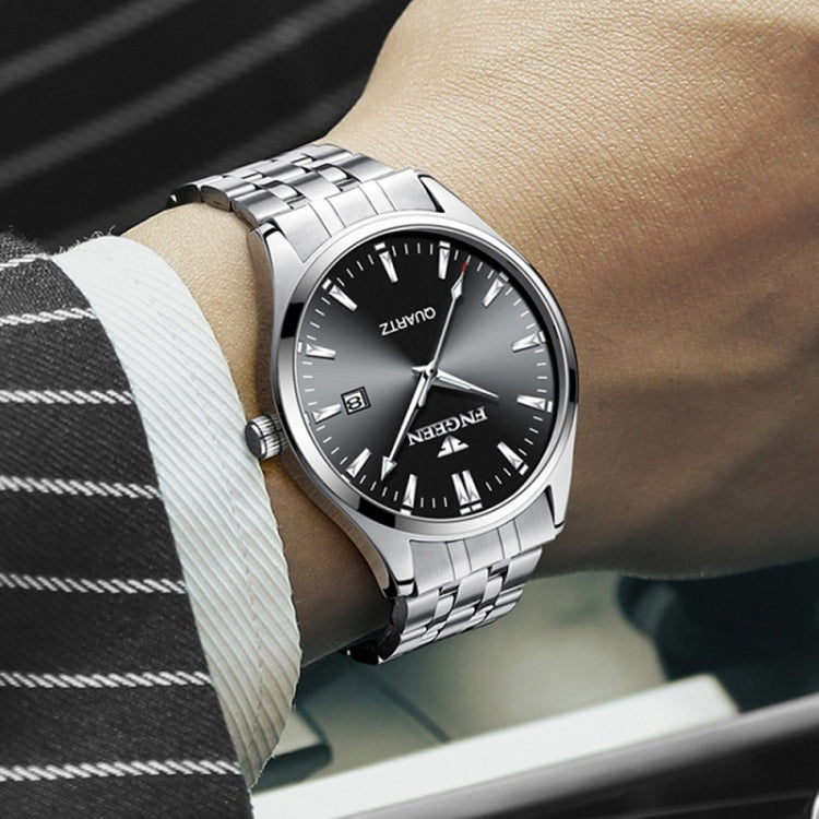 Men's stainless steel watch with dark dial, silver markers, date window, bracelet strap