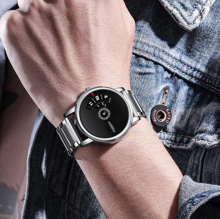 Men's non-pointer quartz watch on wrist with silver metal strap and black dial