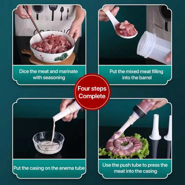 Small manual sausage stuffer shown in multiple steps for mixing and filling casings
