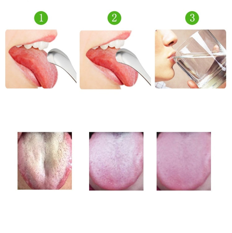 Tongue scraper cleaning on tongue, showing before-and-after result panels
