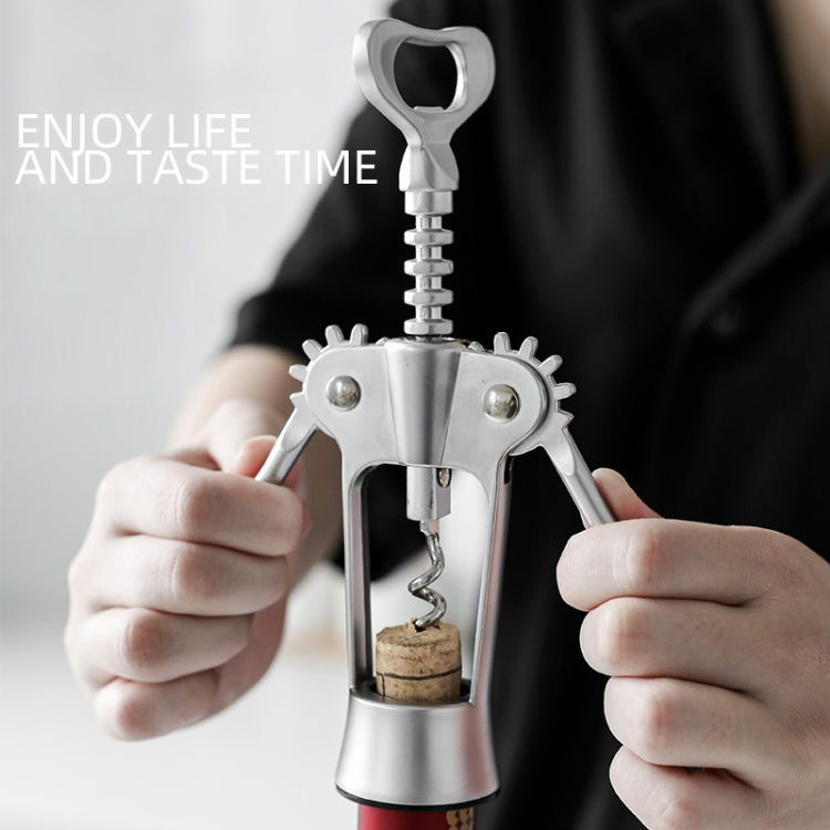 Silver handheld wine bottle opener with corkscrew and hinged grip handles