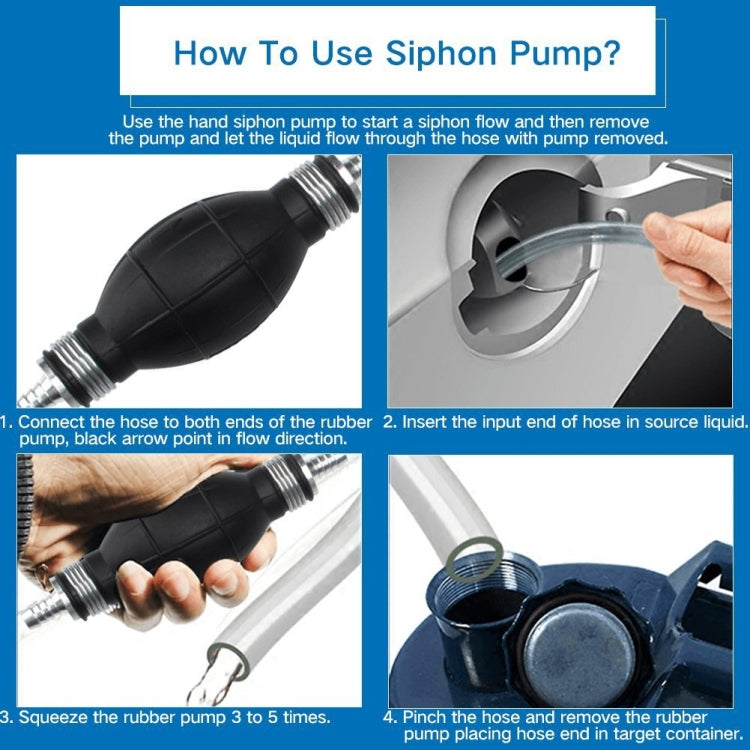 Black hand siphon pump with clear hose inserted into a vehicle inlet opening