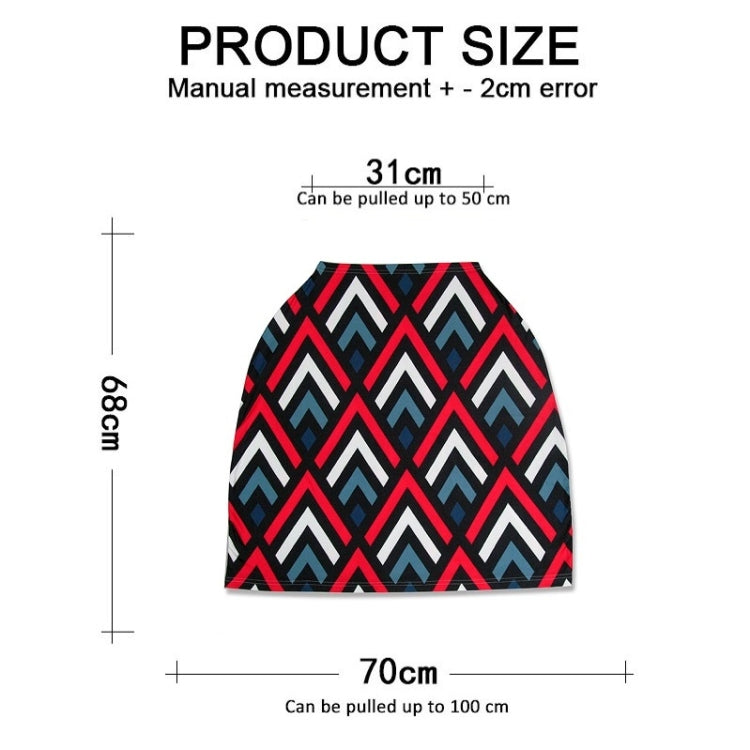 Geometric diamond-pattern baby seat cover in red, blue, and black with size diagram