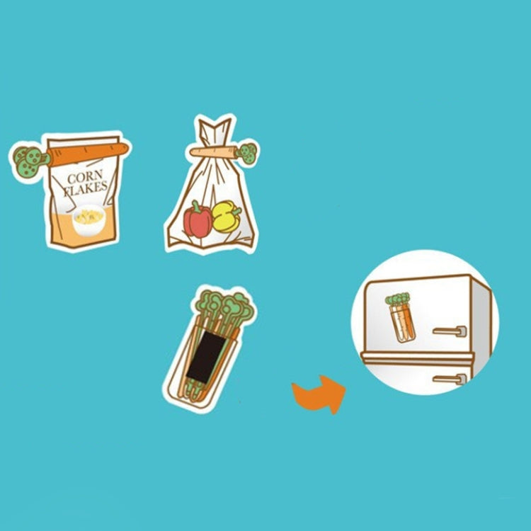 Magnetic storage box with carrot-shaped bag sealing clips shown attached to refrigerator