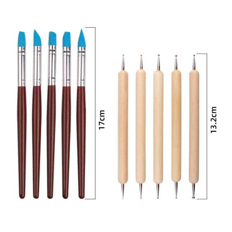 Assorted pottery clay tools with blue caps and light wooden handles for carving and detail