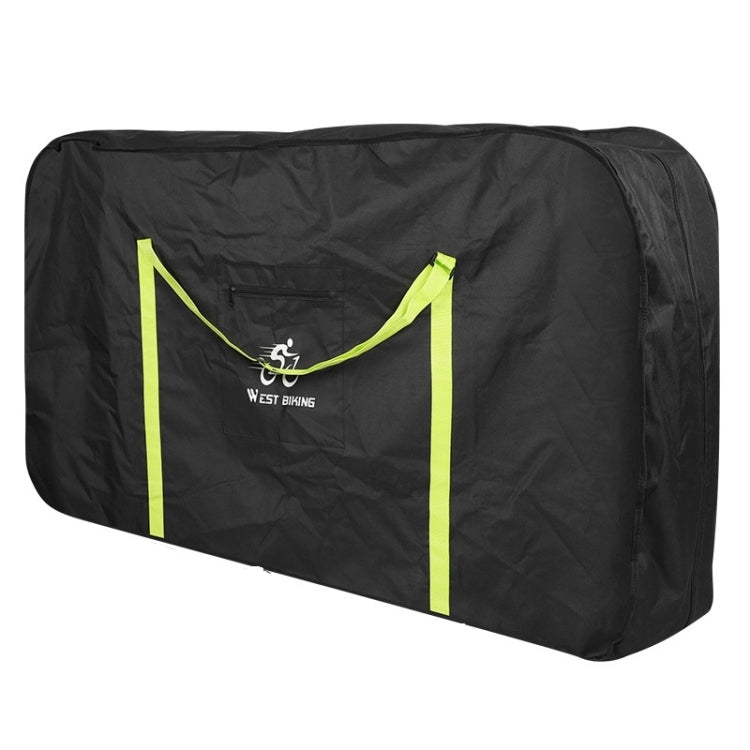 Black folding bicycle storage bag with neon green side straps and West Biking logo