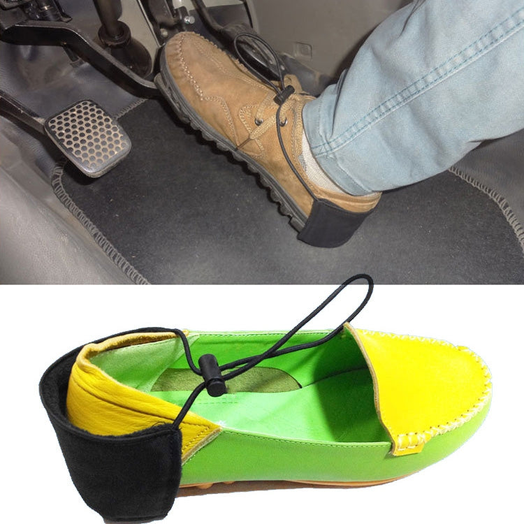 Heel protective shoe cover on flat shoe, black with green and yellow accents.