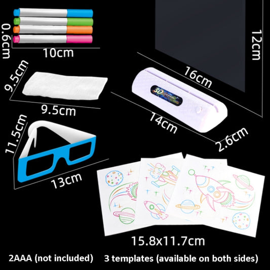 Luminous 3D drawing board with markers, template sheets, and size measurements