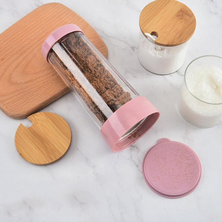 Rotating flour sieve cup set with pink lid and clear cylinder plus wooden covers