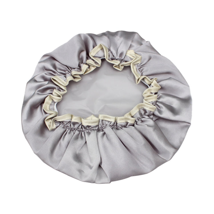 Gray satin shower hair cap with ruched elastic trim around the edge