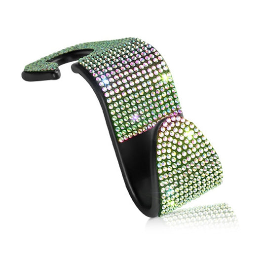 Car rear seat hook with emerald green diamond studs and iridescent pink accents