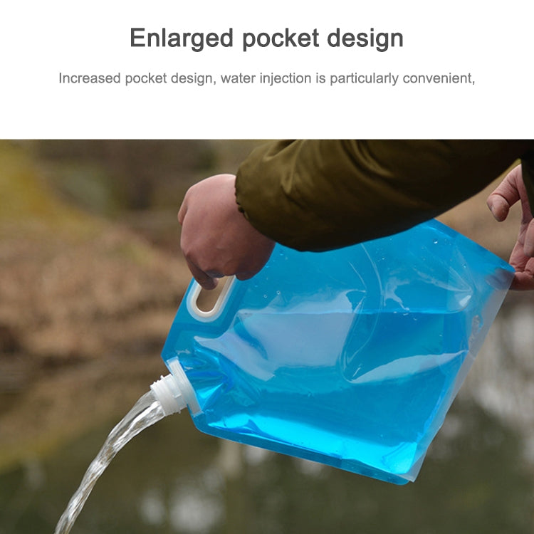 Blue water storage bag with enlarged inlet pocket during water filling