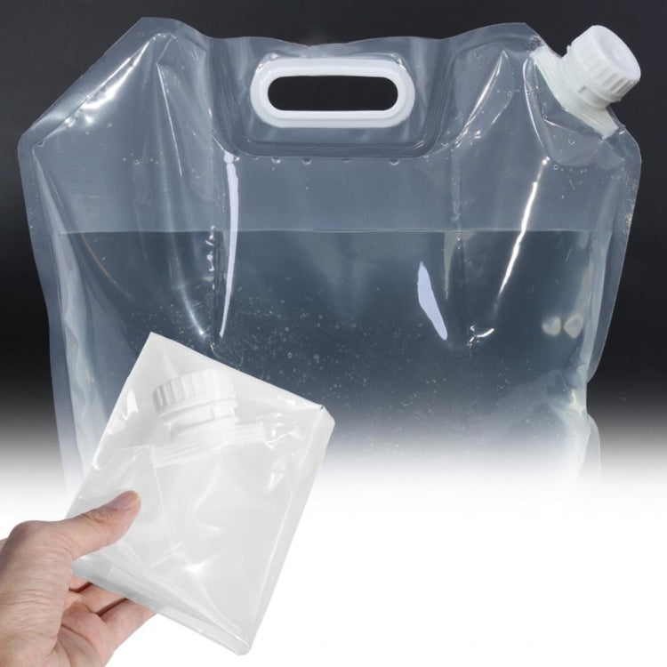 Foldable clear water bag with carry handle and screw cap, upright bag with folded spare.