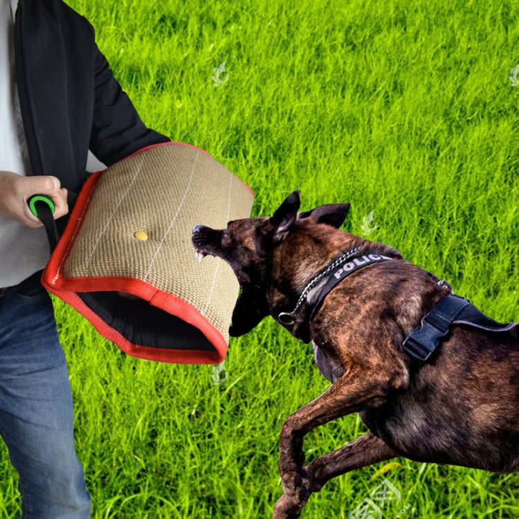 Jute bite sleeve held by hand for dog training, red trim and green-striped handle