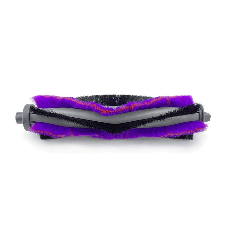 Robot roller brush with purple edge trim and black bristle roller, close-up.