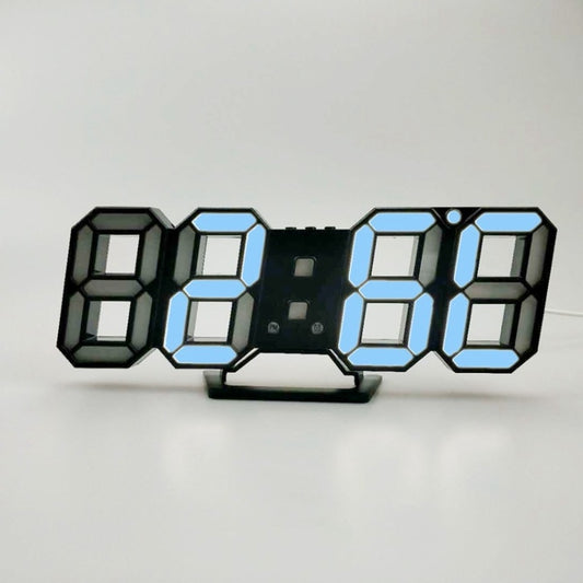 3D LED alarm clock with blue illuminated 3D digits on black frame