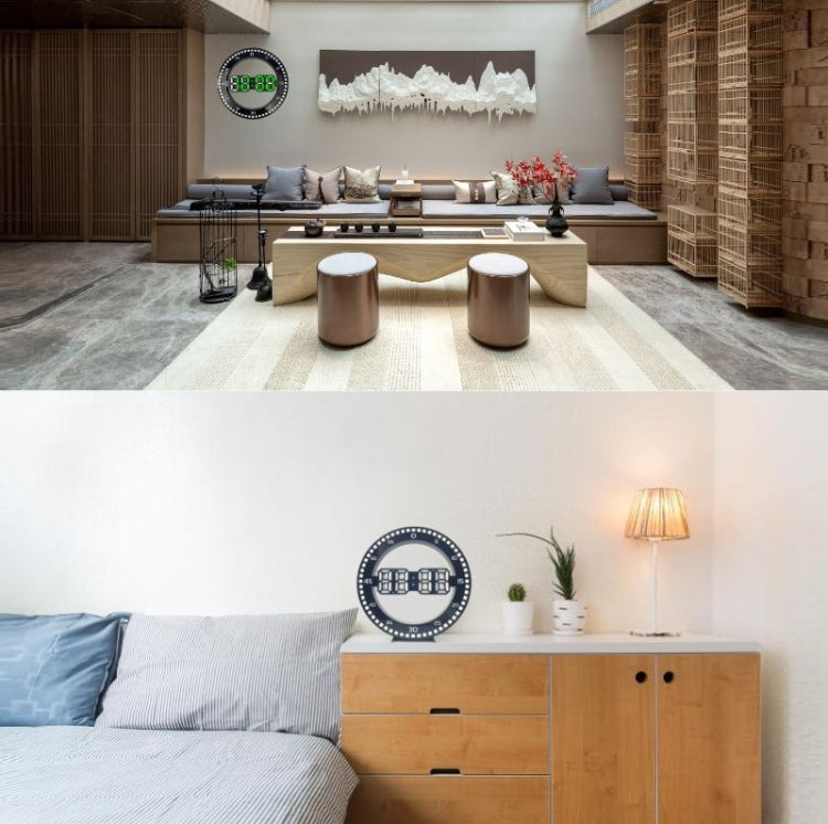 Wall-mounted LED clock in a living room displaying green digital time