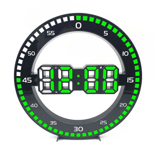 Black 3D LED wall clock with green digits and an illuminated green outer track